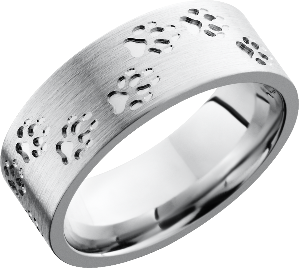 Cobalt chrome 8mm flat band with a laser-carved wolf track pattern