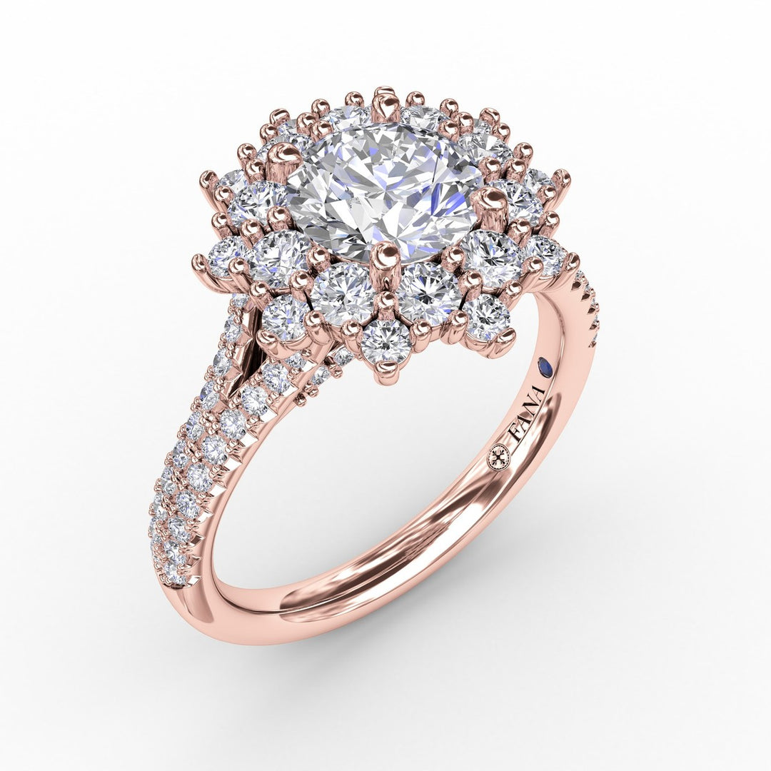 Contemporary Floral Halo Engagement Ring With Double-Row Pavé Band