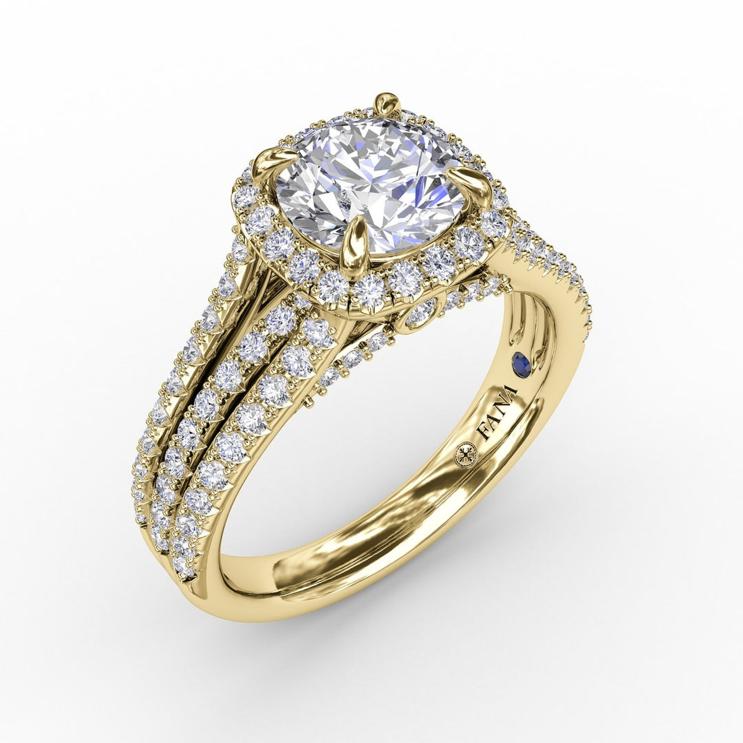 Cushion-Shaped Diamond Halo Engagement Ring With Triple-Row Diamond Band