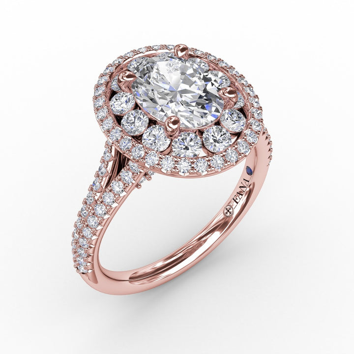 Double Halo Round Diamond Engagement Ring With Split Diamond Shank