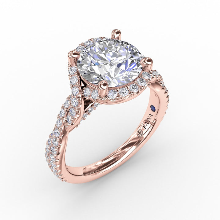 Contemporary Round Diamond Halo Engagement Ring With Twisted Vine Shank