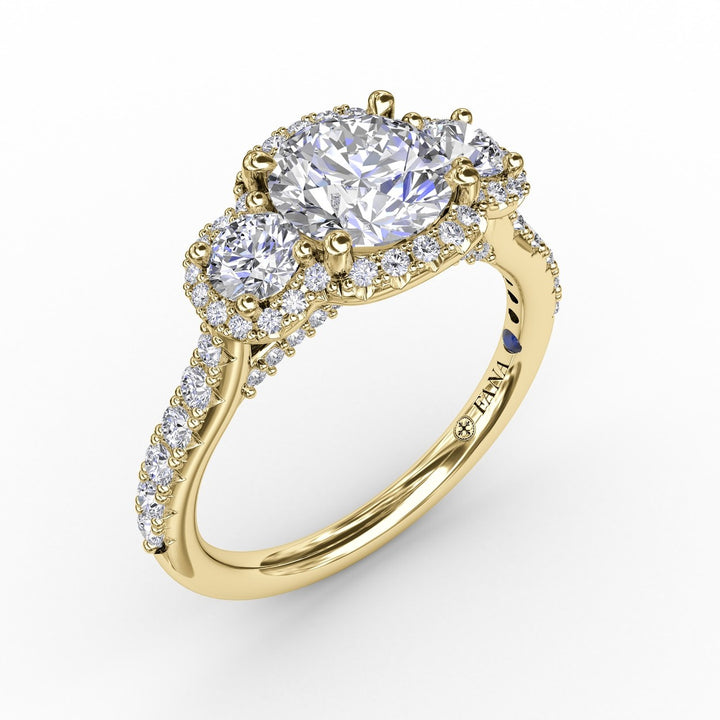 Three-Stone Round Diamond Halo Engagement Ring