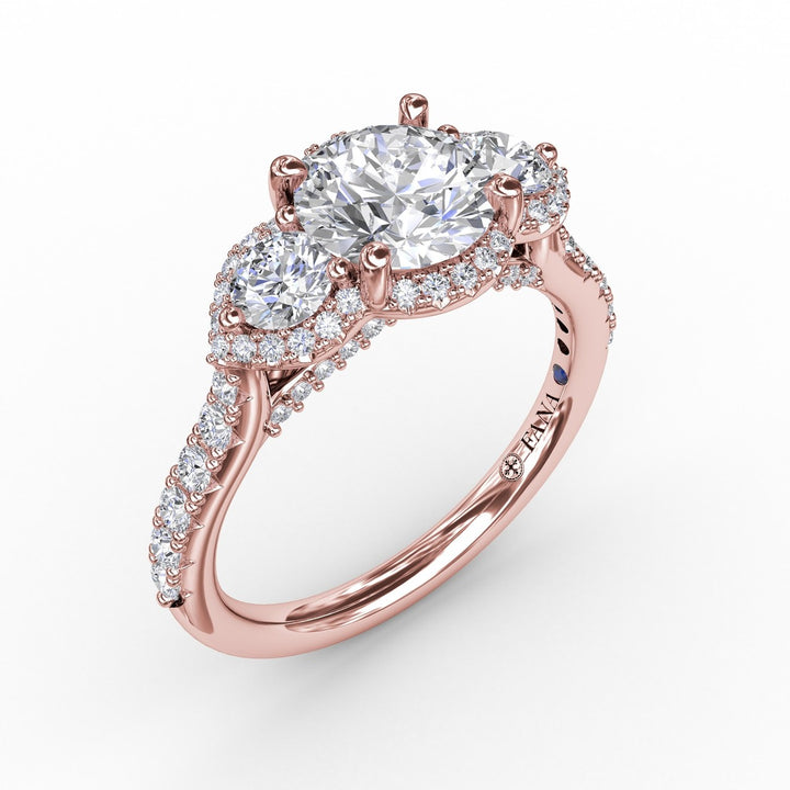 Three-Stone Round Diamond Halo Engagement Ring