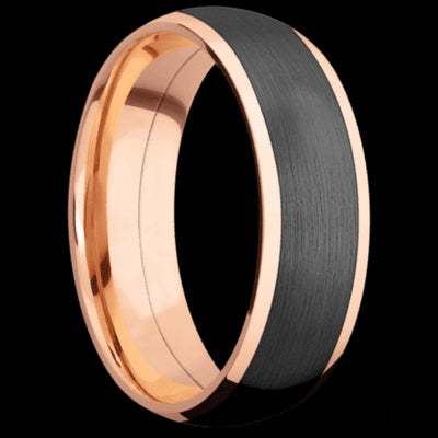 7 mm wide/Domed/14K Rose Gold band with one 5 mm Centered inlay of Zirconium.