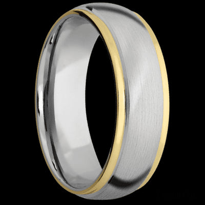 7 mm wide/Domed Stepped Down Edges/14K White Gold band with two 1 mm Edge inlays of 14K Yellow Gold.