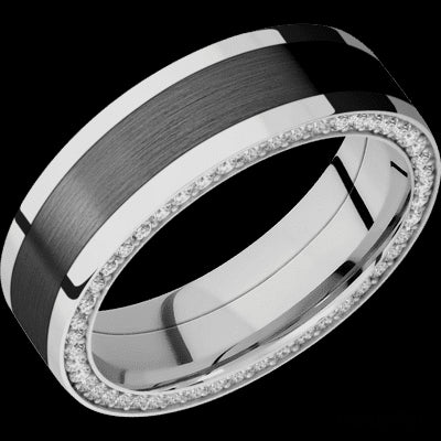 7 mm wide/Flat/14K White Gold band with  one 4 mm Centered inlay of Zirconium and featuring a Side Eternity arrangement of .01 carat Round Diamond stones in a Bead Channel setting