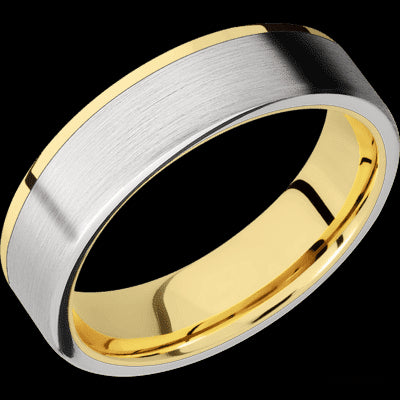 6 mm wide/Flat/14K Yellow Gold band with one 5 mm Off Center Edge inlay of Cobalt Chrome.