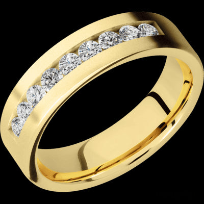 6 mm wide/Flat/14K Yellow Gold band with an  arrangement of 9, .07 carat Round Diamond stones in a Channel setting.