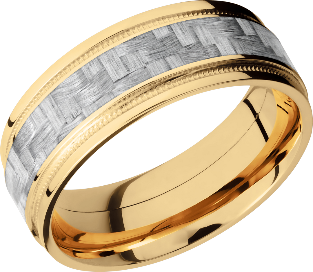 14K Yellow Gold 8mm flat band with grooved edges and a 4mm inlay of black Carbon Fiber inside reverse milgrain detail