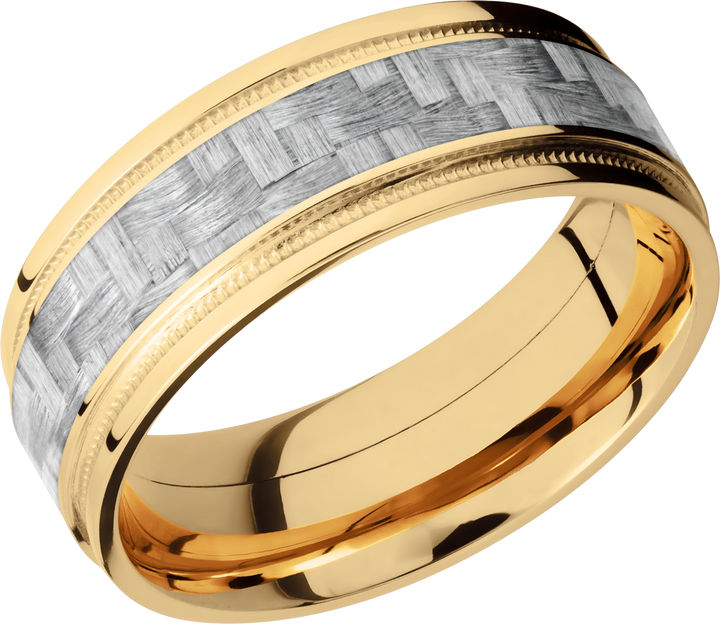 14K Yellow Gold 8mm flat band with grooved edges and a 4mm inlay of black Carbon Fiber inside reverse milgrain detail