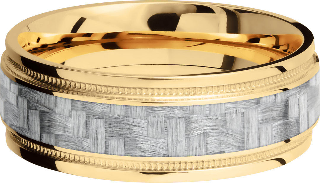 14K Yellow Gold 8mm flat band with grooved edges and a 4mm inlay of black Carbon Fiber inside reverse milgrain detail