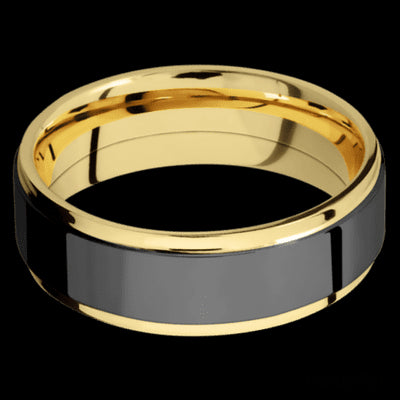 7 mm wide/Flat Grooved Edges/14K Yellow Gold band with one 5 mm Raised Centered inlay of Zirconium.