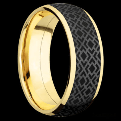 8 mm wide/Domed/14K Yellow Gold band with one 6 mm Centered inlay of Zirconium with a laser carved Trellis 2 pattern.