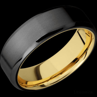 7 mm wide Beveled Zirconium band featuring a 14K Yellow Gold sleeve.