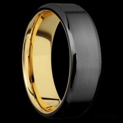 7 mm wide Beveled Zirconium band featuring a 14K Yellow Gold sleeve.