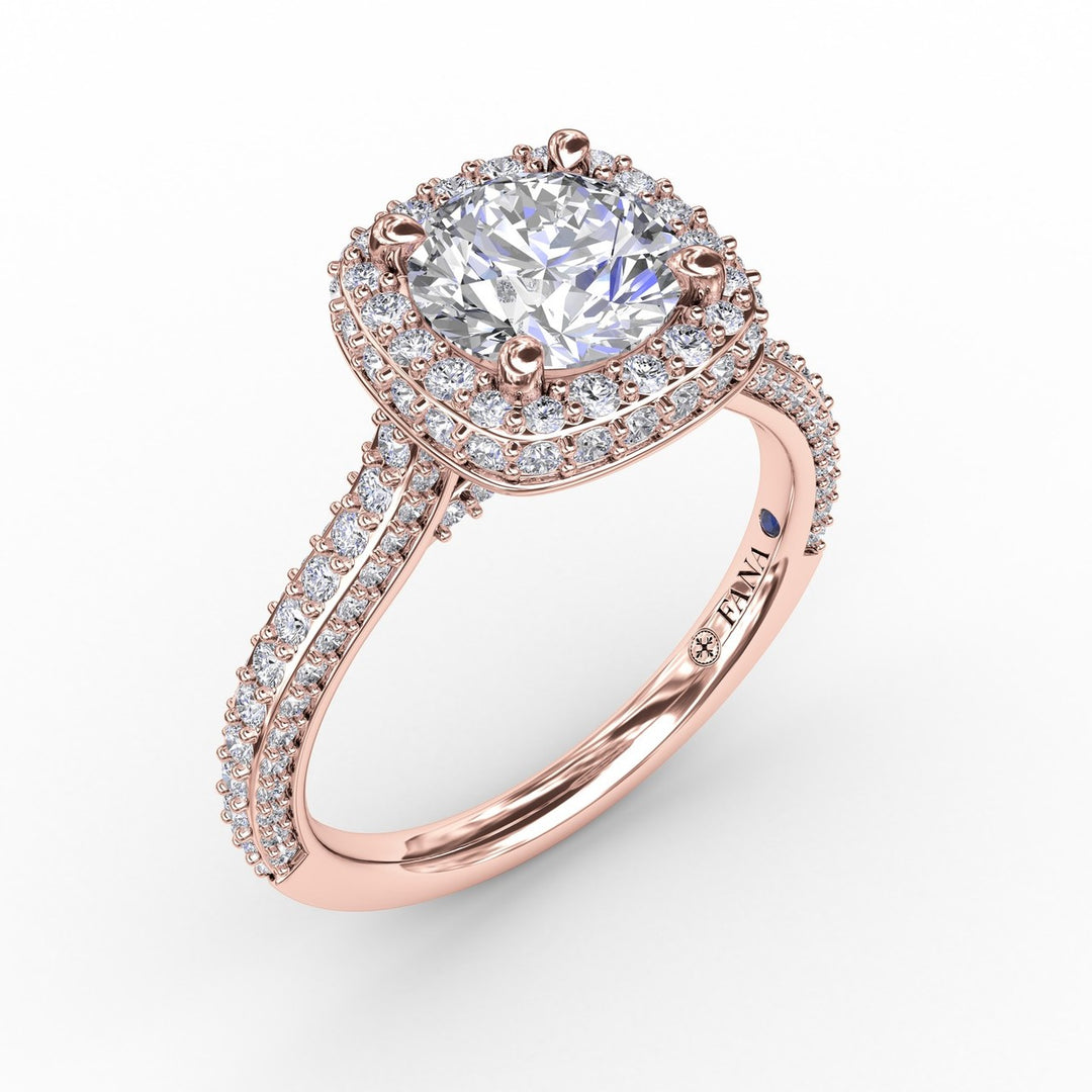 Cushion-Shaped Waterfall Halo Engagement Ring With Pavé Band