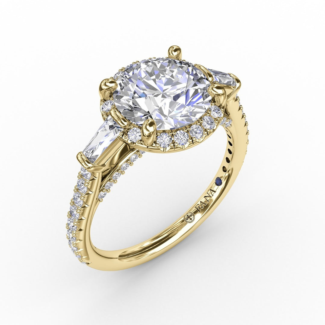 Vintage Round Diamond Halo Engagement Ring With Tapered Baguettes