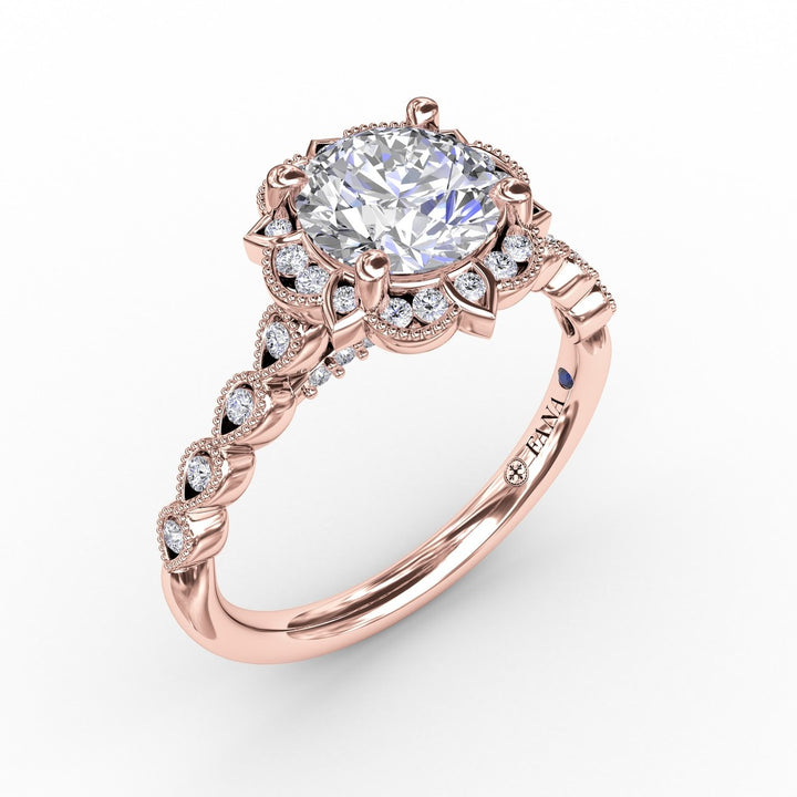 Round Diamond Engagement With Floral Halo and Milgrain Details