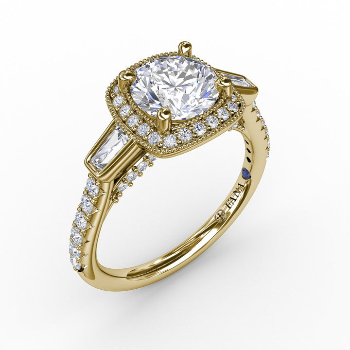 Three-Stone Diamond Halo Engagement Ring With Baguette Side Stones