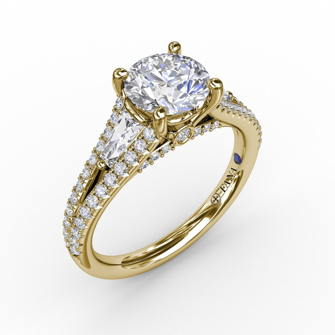 Three-Stone Round Diamond Engagement Ring With Split Diamond Shank and Baguette Side Stones