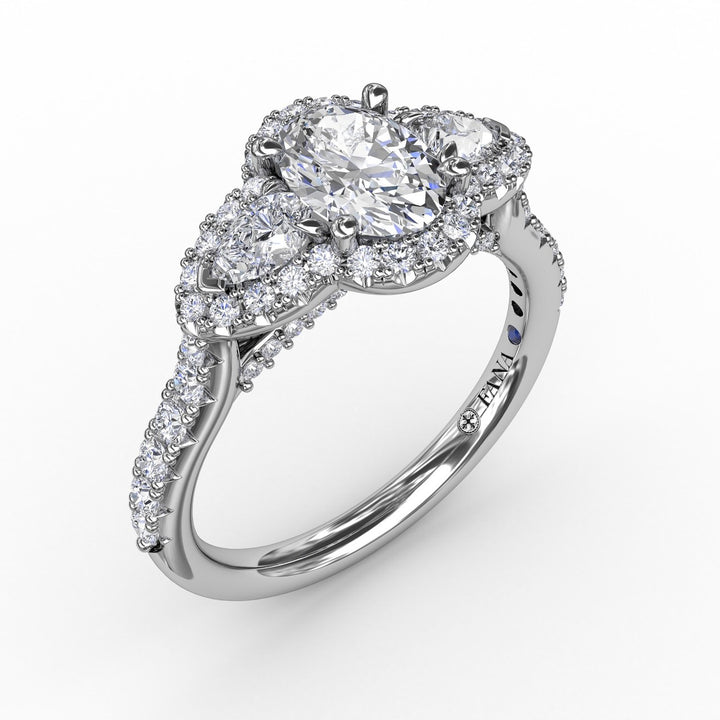 Three-Stone Round Diamond Halo Engagement Ring