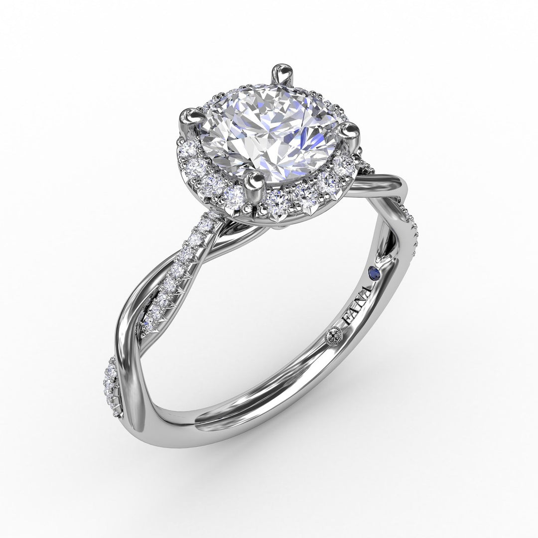 Contemporary Round Diamond Halo Engagement Ring with Twist Band