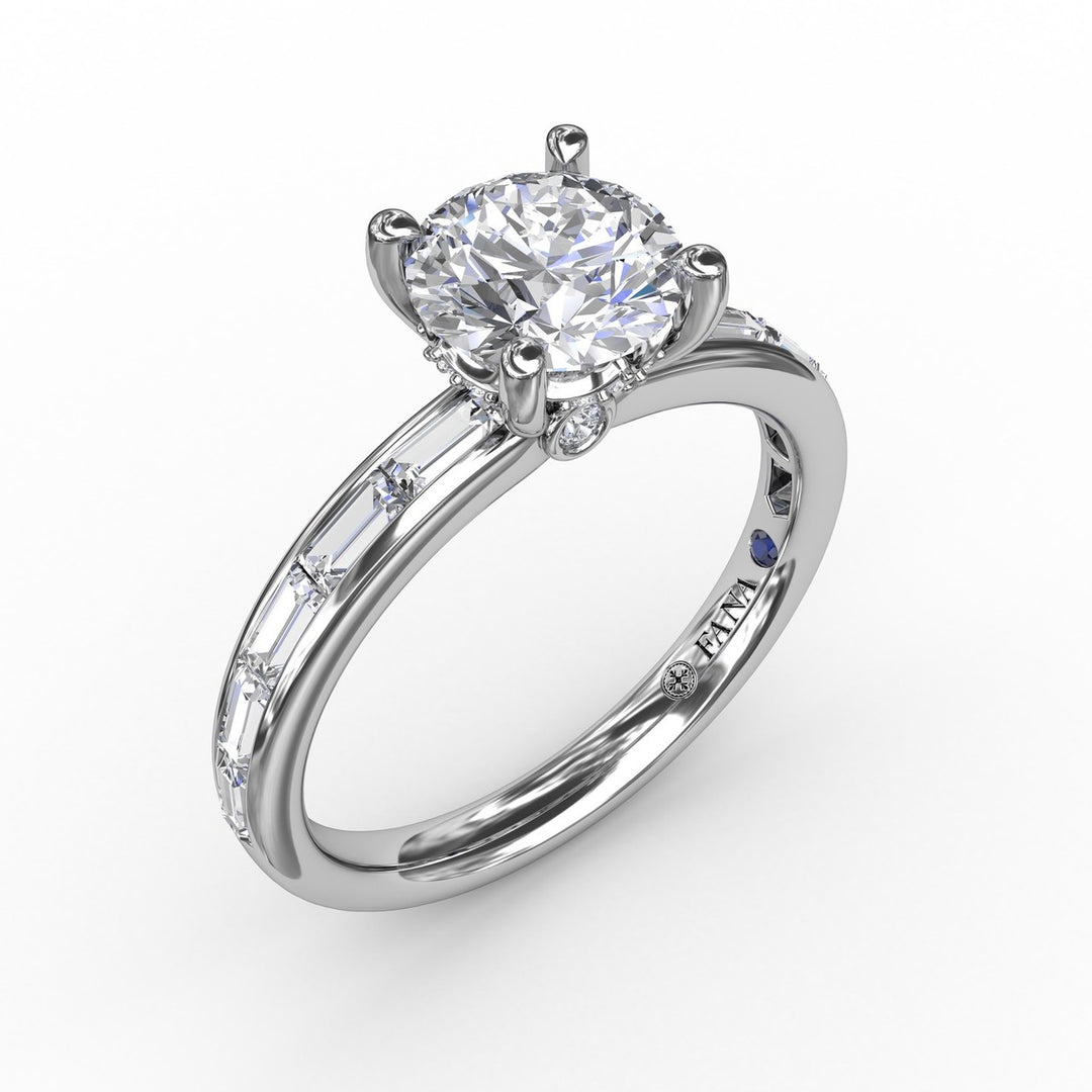 Classic Round Diamond Solitaire Engagement Ring With Baguette Diamond Shank