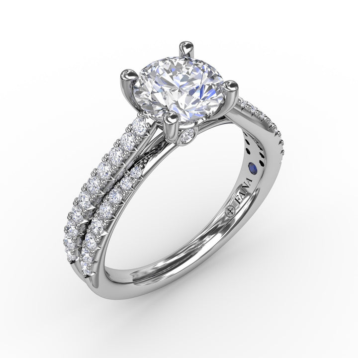 Classic Round Diamond Solitaire Engagement Ring With Double-Row Diamond Shank