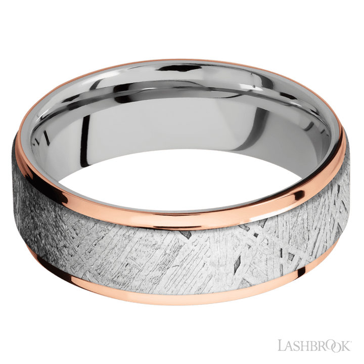 7 mm wide/Flat Grooved Edges/Cobalt Chrome band featuring inlays of Meteorite and 14K Rose Gold.