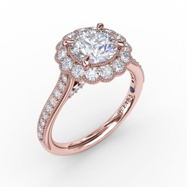 Vintage Scalloped Halo Engagement Ring With Milgrain Details