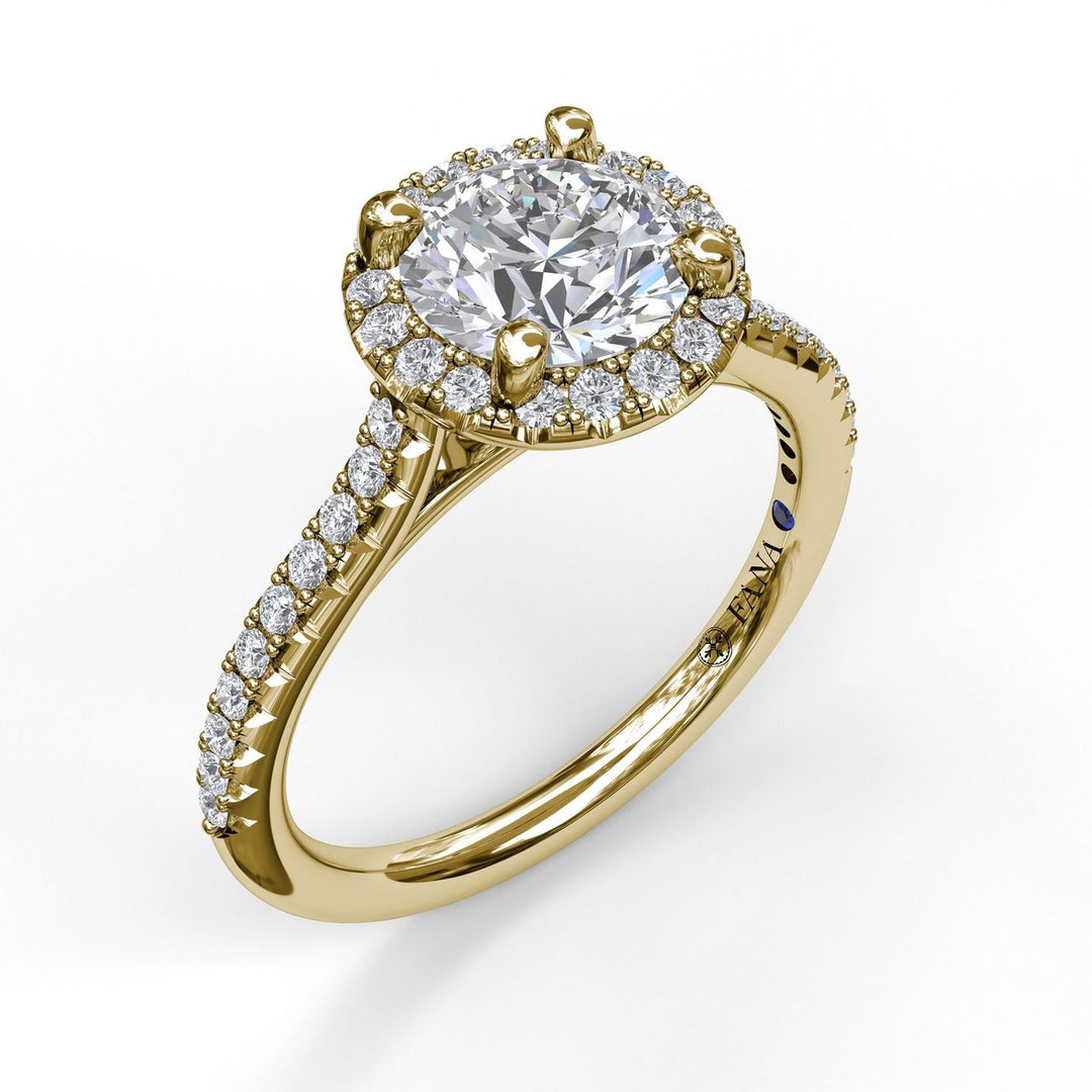 Delicate Round Halo And Pave Band Engagement Ring