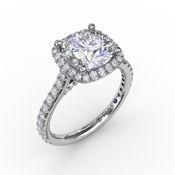 Cushion-Shaped Halo Diamond Engagement Ring with Diamond Band