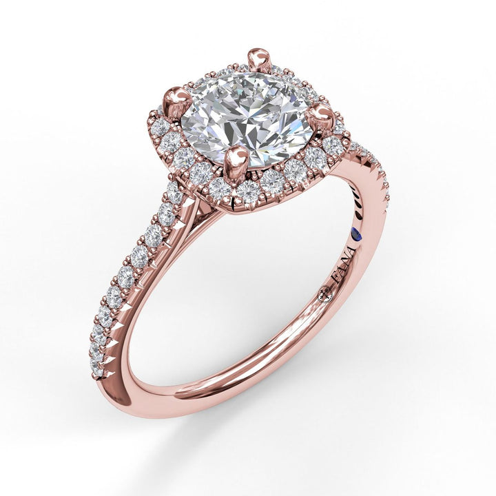 Delicate Cushion Halo Engagement Ring With Pave Shank