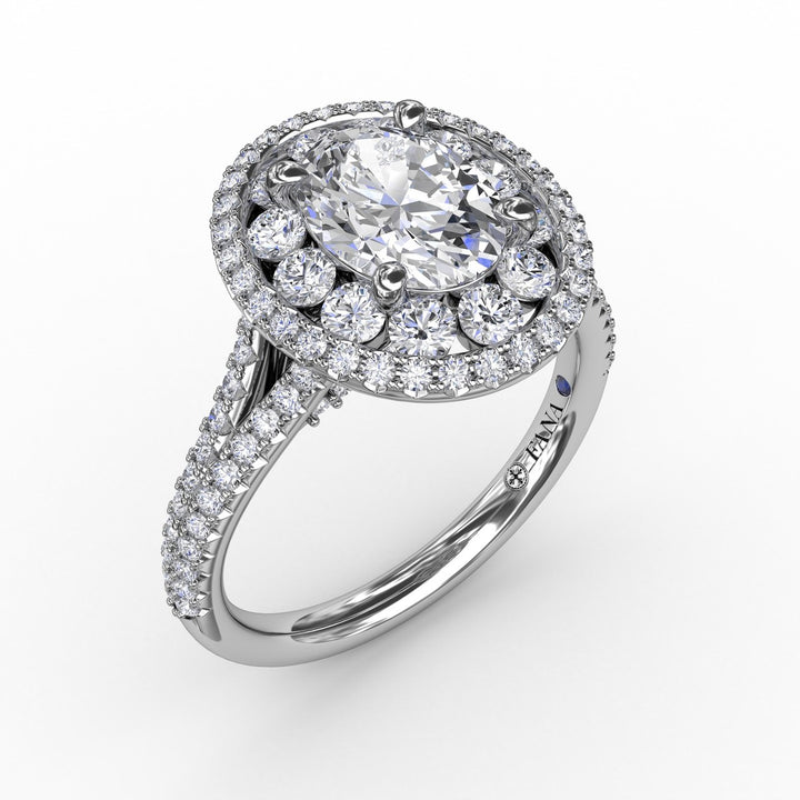 Double Halo Round Diamond Engagement Ring With Split Diamond Shank