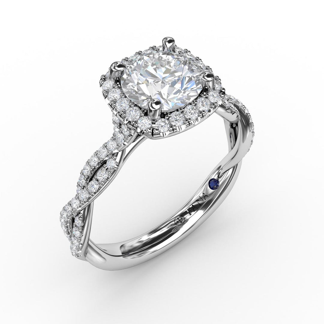 Classic Cushion Diamond Halo Engagement Ring With Cathedral Twist Diamond Band