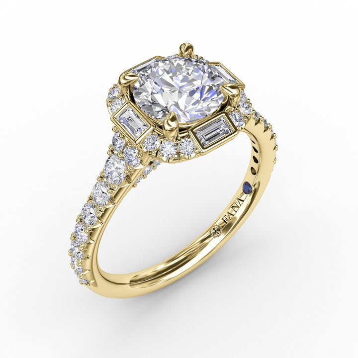 Cushion Shaped Diamond Halo Engagement Ring With Baguettes