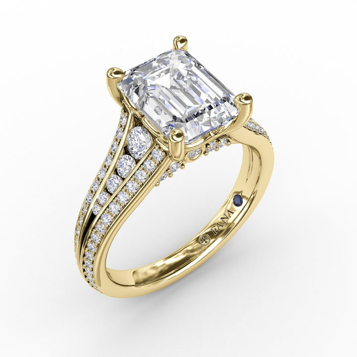 Contemporary Emerald Cut Diamond Solitaire Engagement Ring With Triple-Row Diamond Band