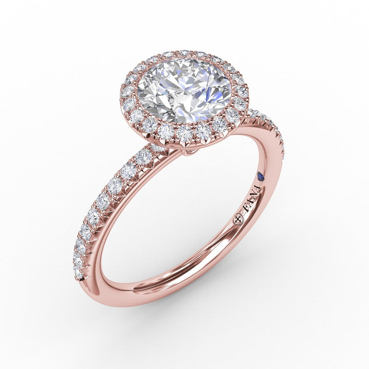 Classic Diamond Halo Engagement Ring With Diamond Band