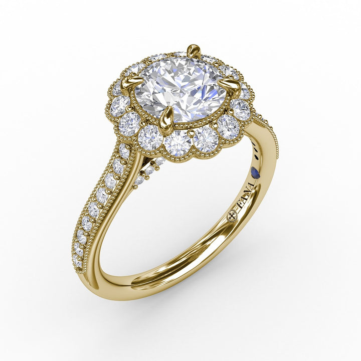 Vintage Scalloped Halo Engagement Ring With Milgrain Details