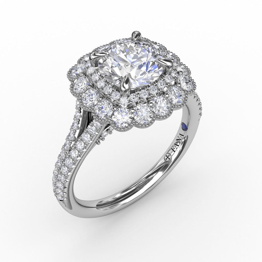 Vintage Cushion-Shaped Double Halo Engagement Ring With Split Shank