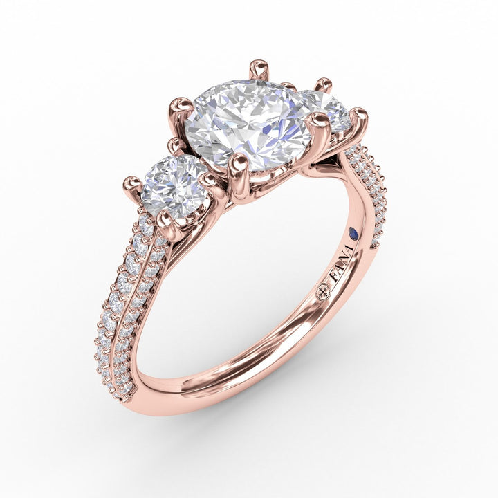 Classic Three-Stone Round Diamond Engagement Ring With Pavé Band