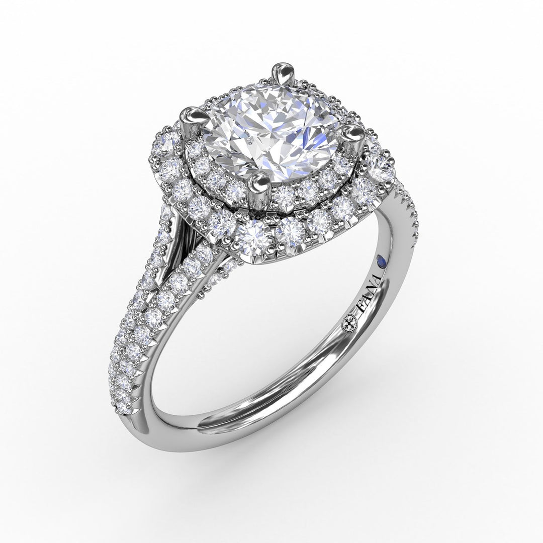 Cushion-Shaped Double Halo Pavé Diamond Engagement Ring with Split Shank