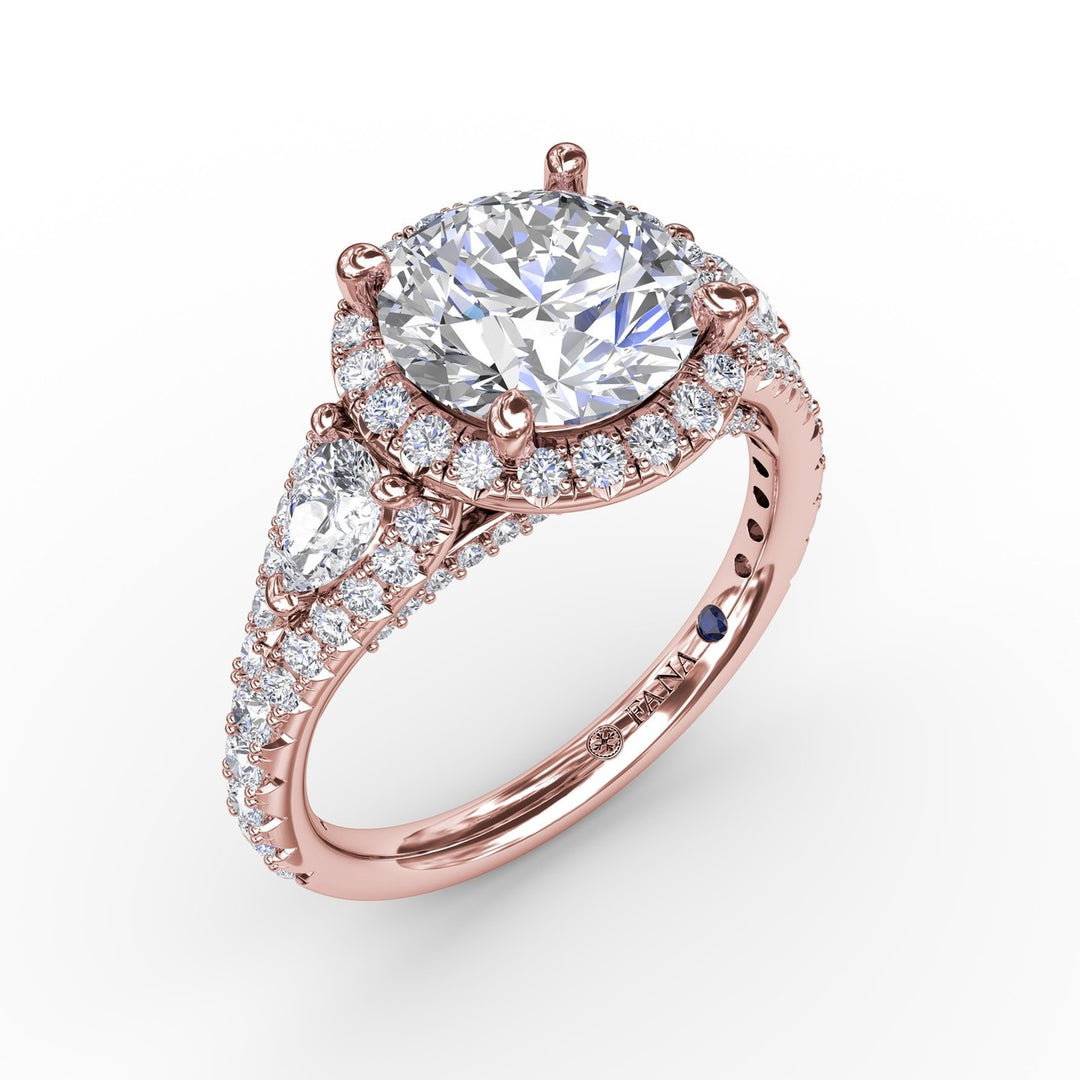 Three-Stone Round Diamond Halo Engagement Ring