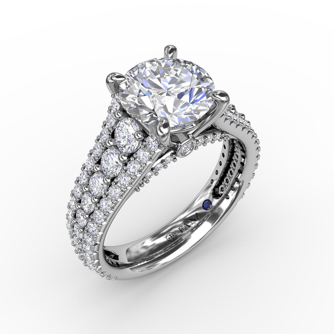 Classic Round Diamond Solitaire Engagement Ring With Triple-Row Diamond Shank