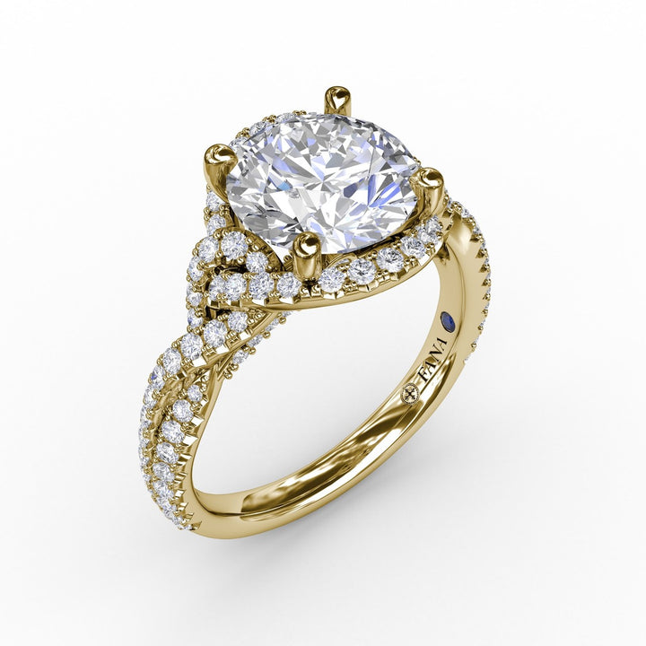 Contemporary Round Diamond Halo Engagement Ring With Twisted Shank