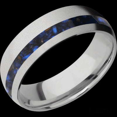 7 mm wide/Domed/Titanium band with one 2 mm Off Center inlay of Blue Tiger Eye.