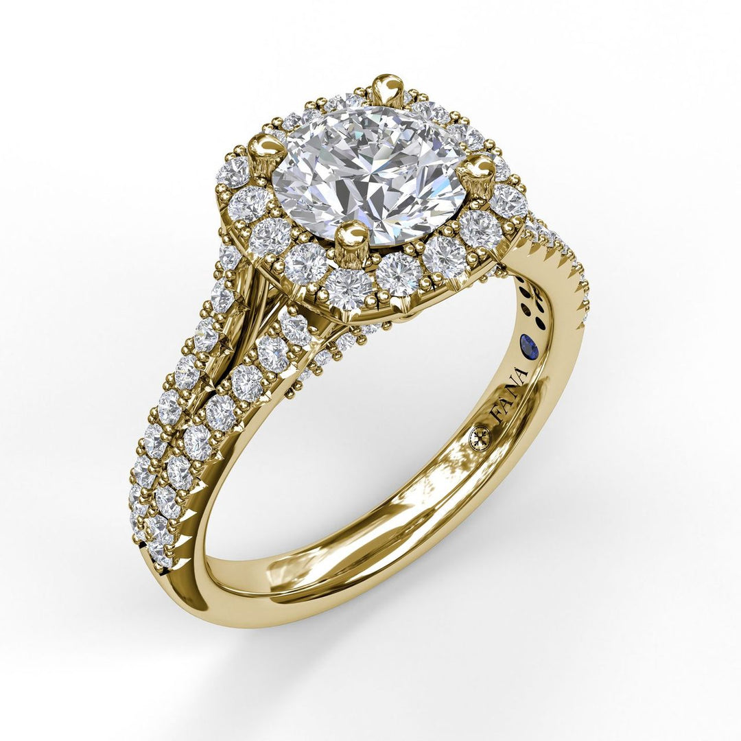 Cushion Halo Engagement Ring with a Diamond Encrusted Split Band