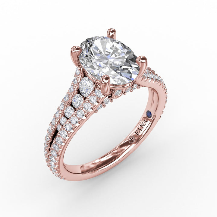 Oval Diamond Solitaire Engagement Ring With Triple-Row Tapered Diamond Band