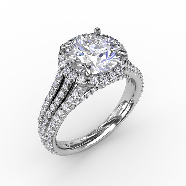 Round Diamond Halo Engagement Ring With Triple-Row Diamond Band