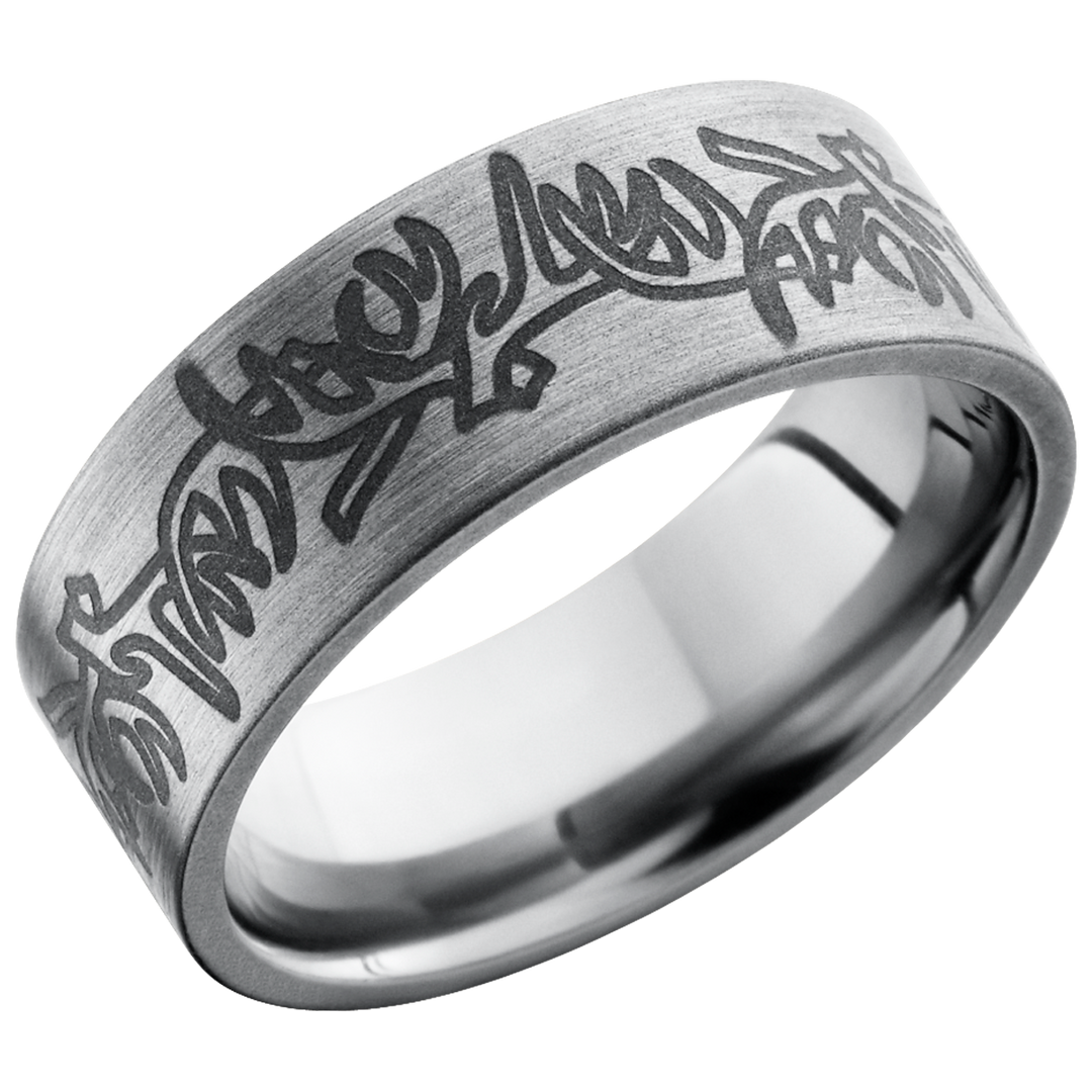 Titanium 8mm flat band with a laser-carved antler pattern